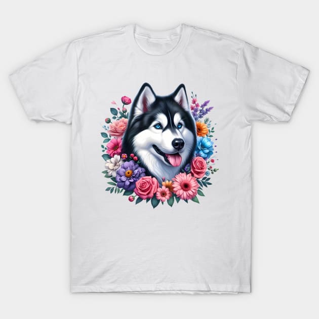 A siberian husky decorated with beautiful colorful flowers. T-Shirt by CreativeSparkzz